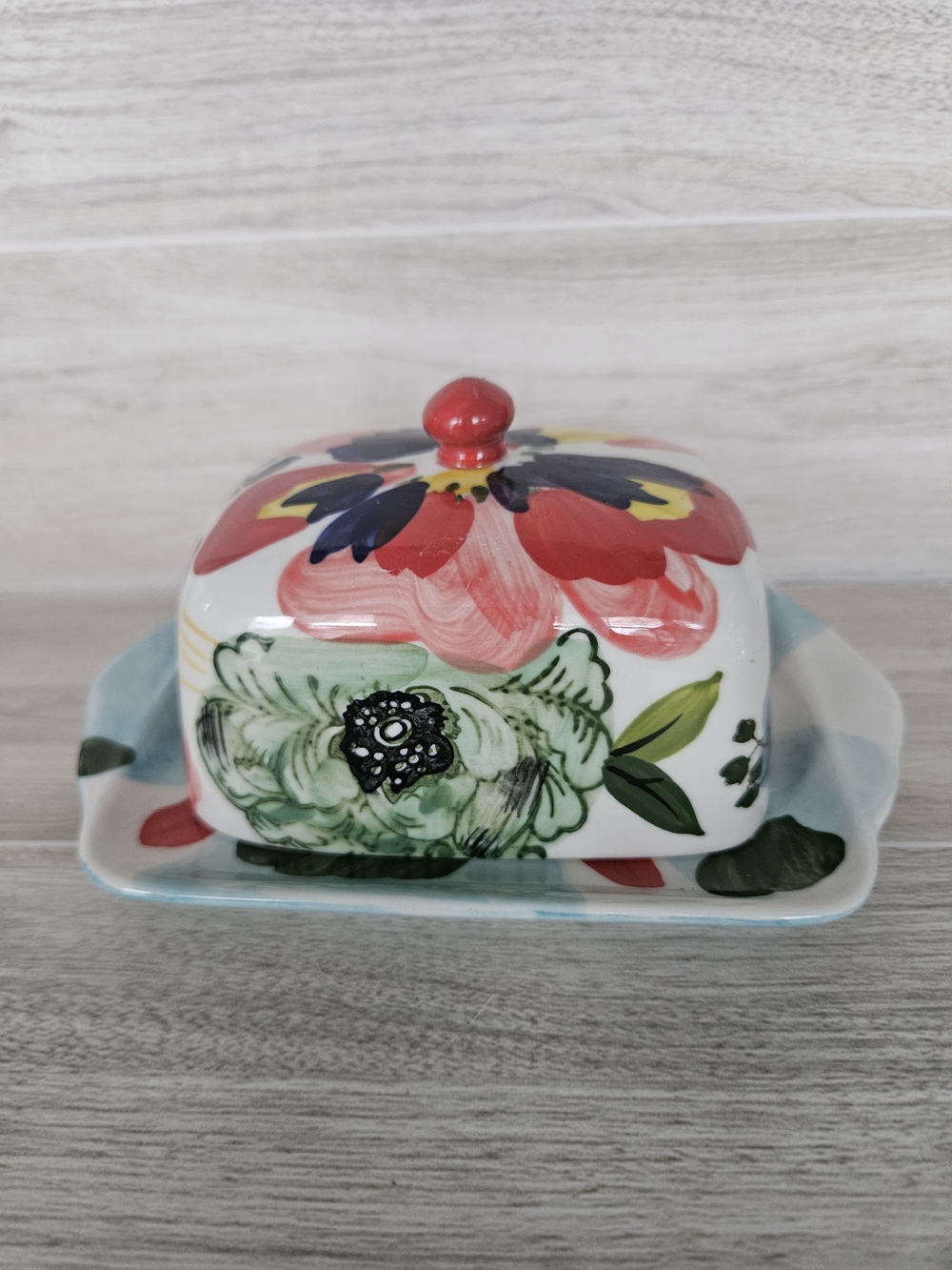 Hand-Painted Floral Ceramic Butter Dish in Red, Green and Blue By Anthropologie